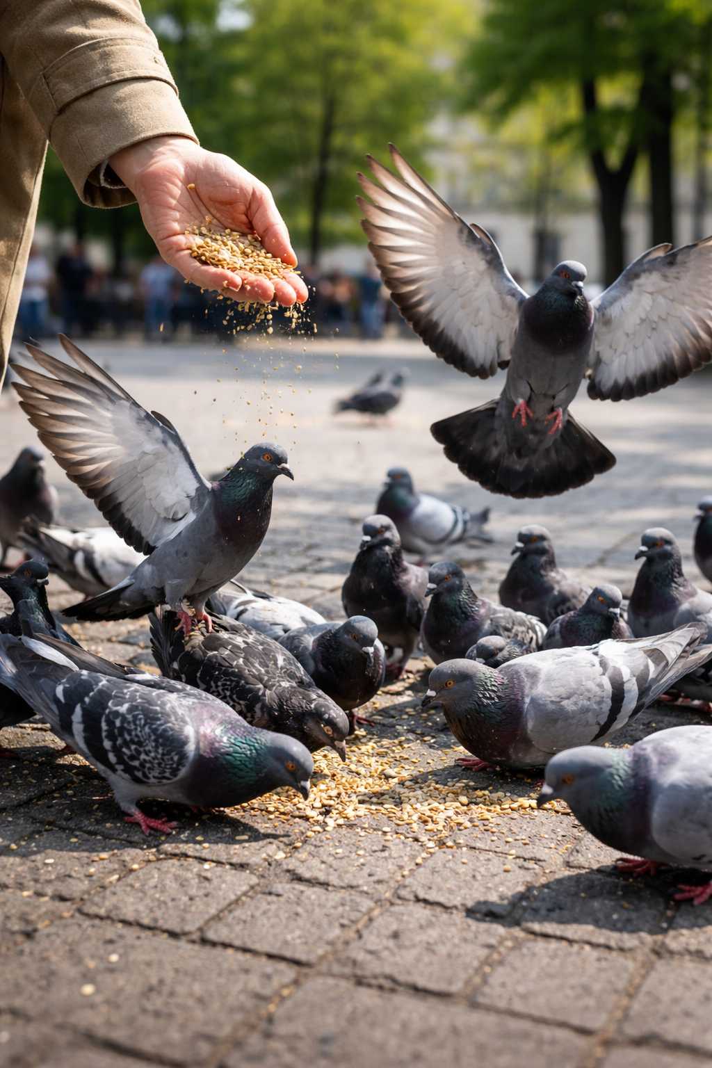Hand streut Körner auf den Boden, während mehrere Tauben in einer Stadtumgebung fressen und fliegen