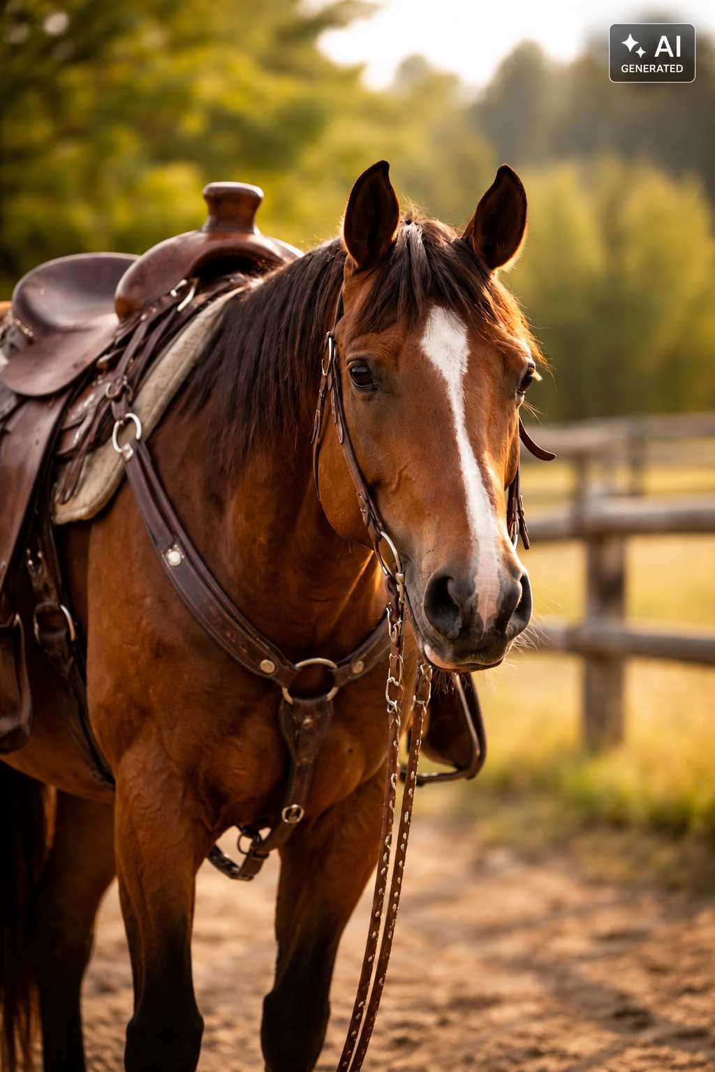 Braunes gesatteltes Pferd steht auf einem Weg neben einer Koppel