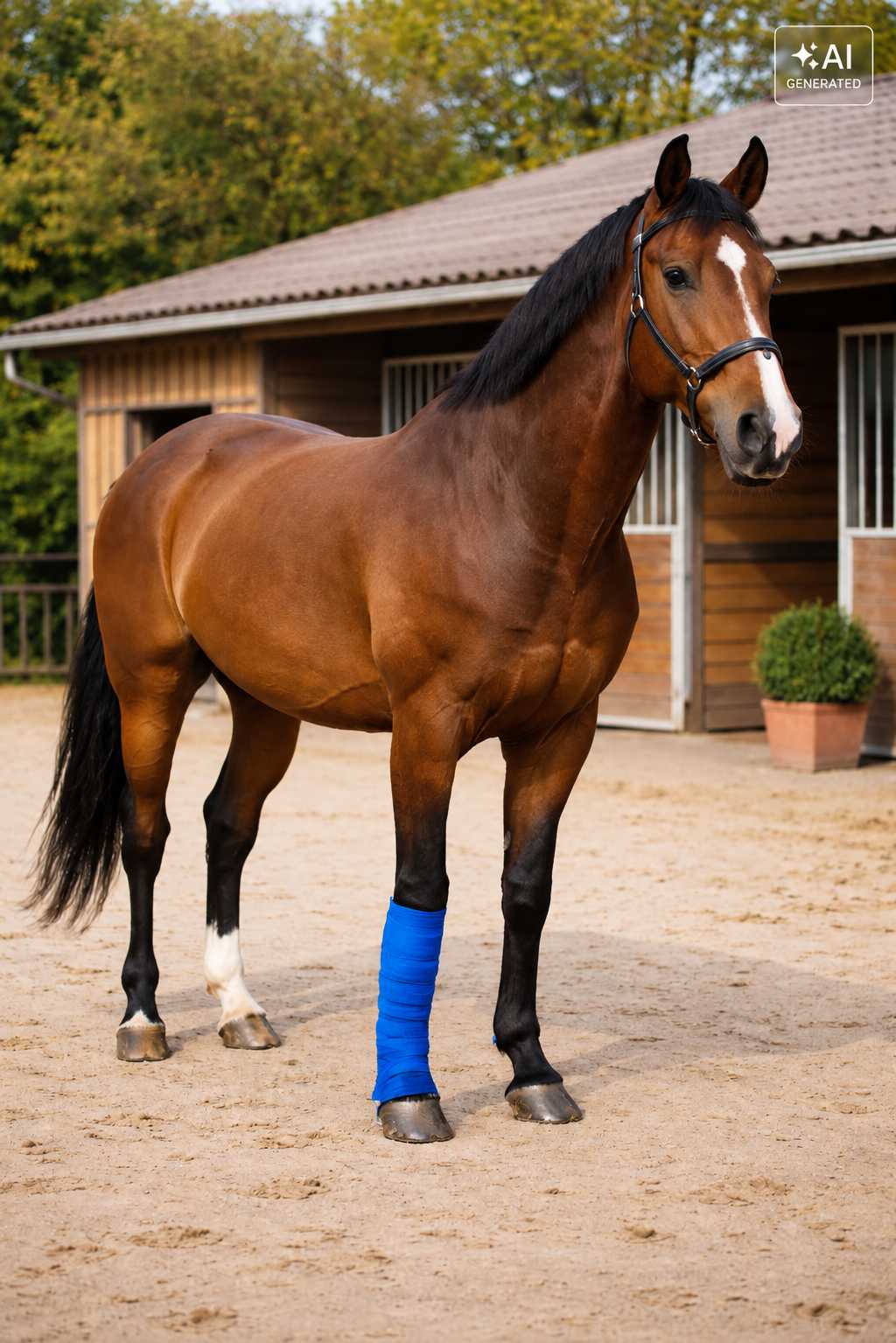 Braunes Pferd steht mit bandagiertem Vorderbein vor einem Stall