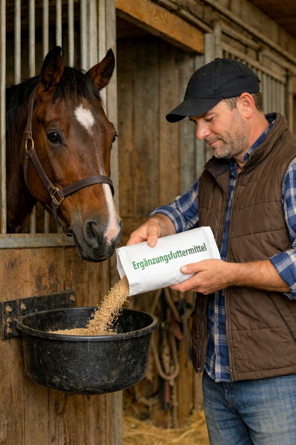 Pferdebesitzer gibt Ergänzungsfuttermittel in den Futtertrog eines Pferdes im Stall