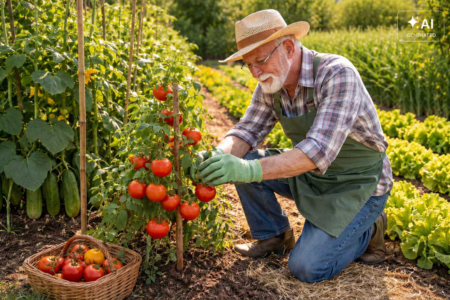 Gärtner erntet reife Tomaten zwischen Gemüsebeeten mit Gurken und Salat