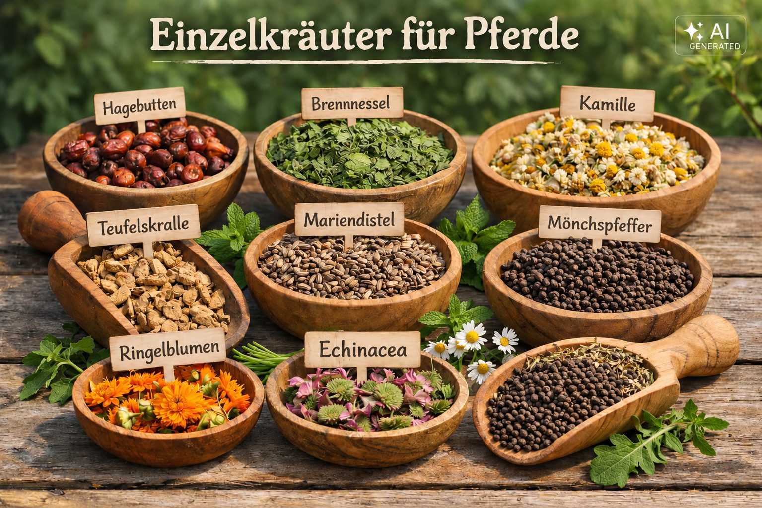 Verschiedene Einzelkräuter für Pferde in Holzschalen, darunter Hagebutten, Brennnessel, Kamille, Teufelskralle, Mariendistel, Mönchspfeffer, Ringelblumen und Echinacea.