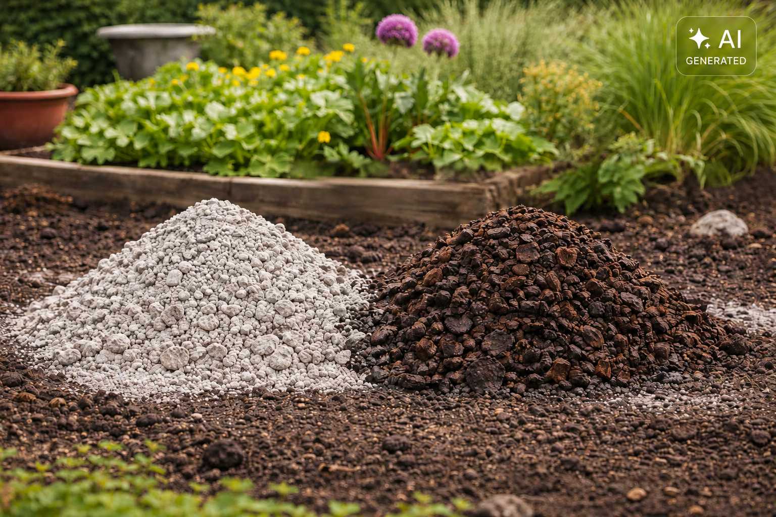 Zwei Bodenverbesserer als Granulat für Gartenbeete