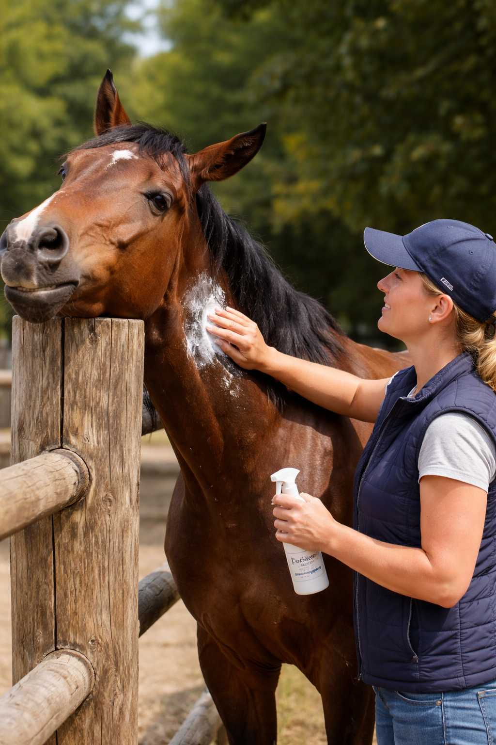 Frau trägt Fellpflegespray auf das Fell eines Pferdes auf