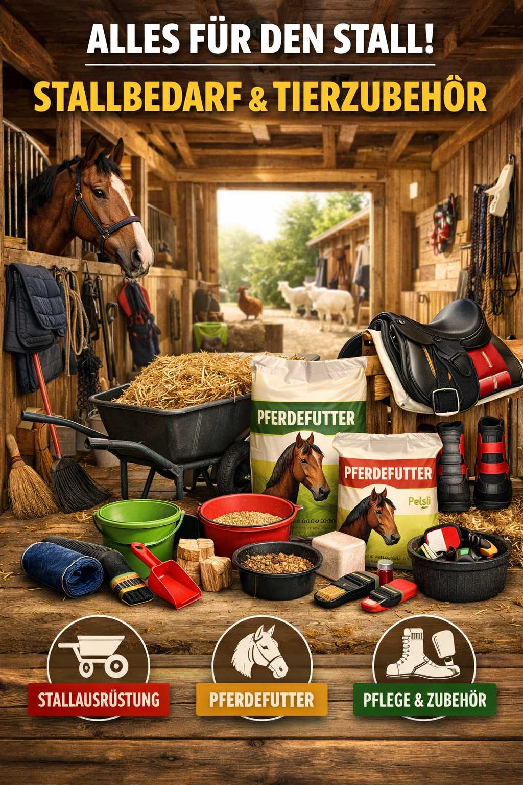 Verschiedene Stallartikel wie Pferdefutter, Sattel, Putzzeug und Stallausrüstung in einem Pferdestall