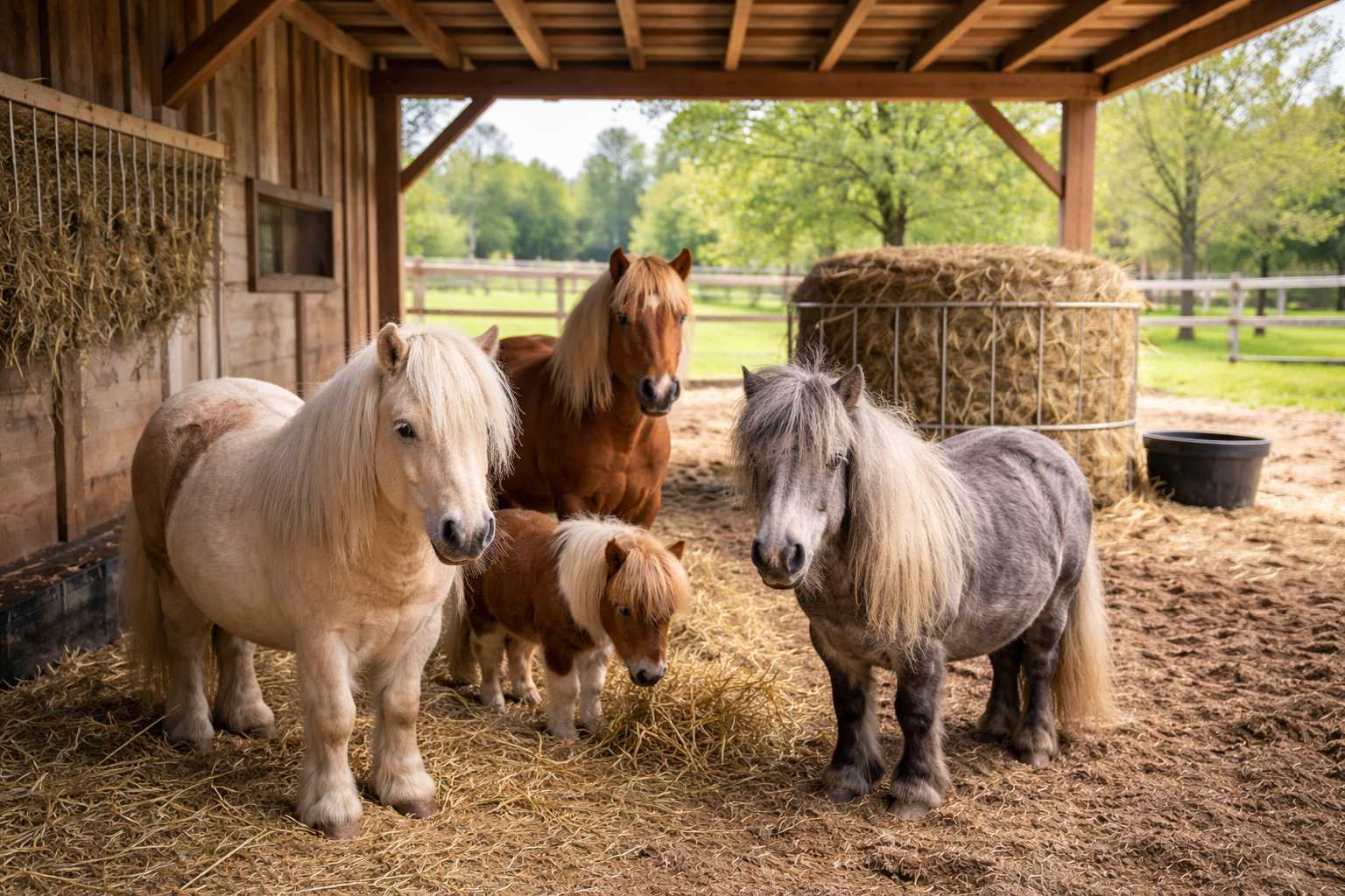 Mehrere Shetlandponys stehen zusammen in einem Offenstall mit Heu und Futterraufe auf einem Bauernhof