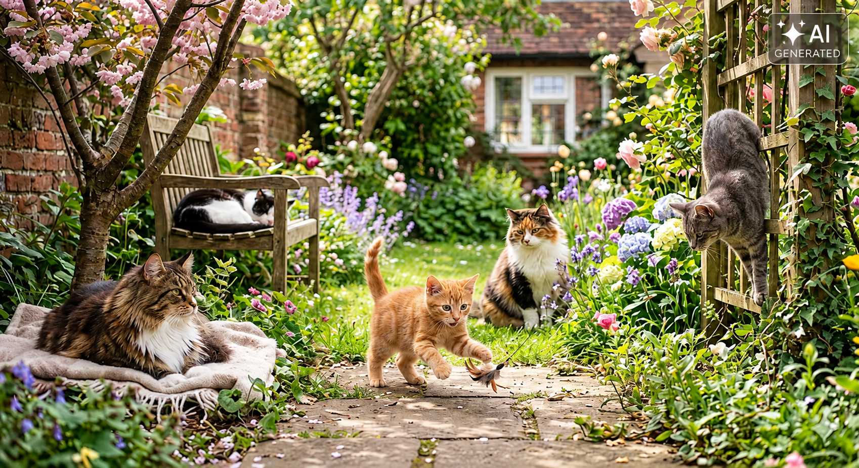 Mehrere Katzen und ein Kätzchen bewegen sich durch einen Garten mit Blumen und Pflanzen