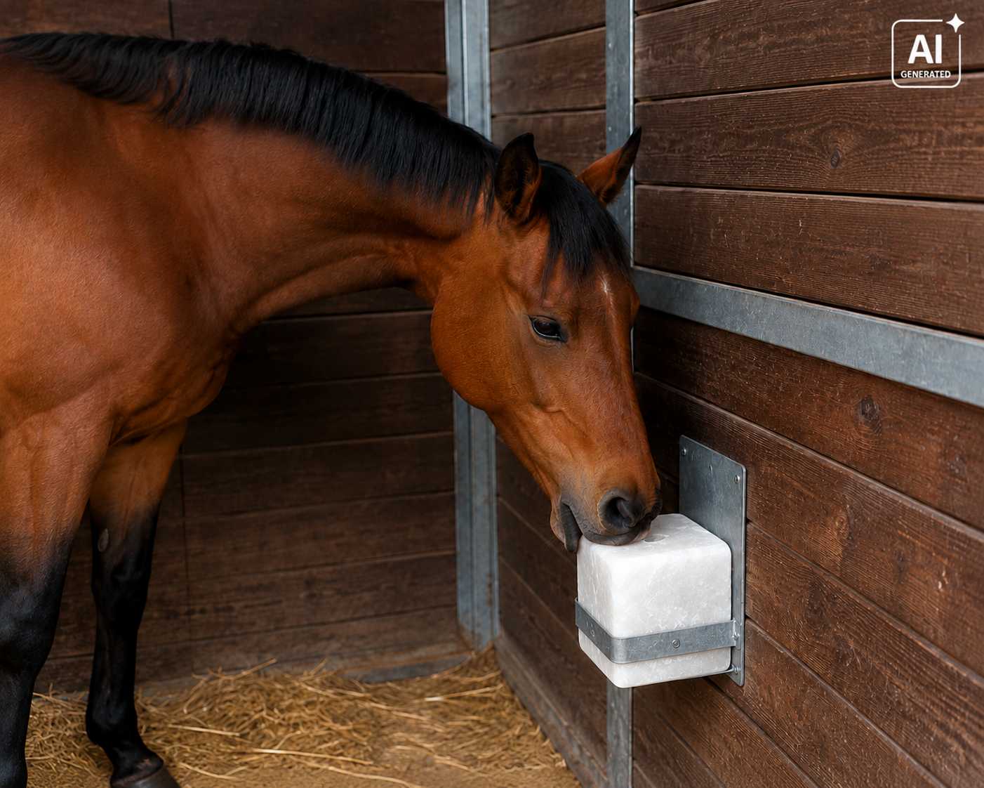 Pferd leckt an weißem Salzleckstein im Stall