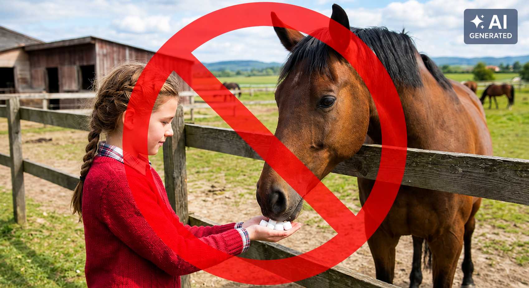 Mädchen bietet einem braunen Pferd am Weidezaun Futter aus der Hand an. Ein rotes Verbotssymbol verdeutlicht, dass das Füttern nicht erlaubt ist.