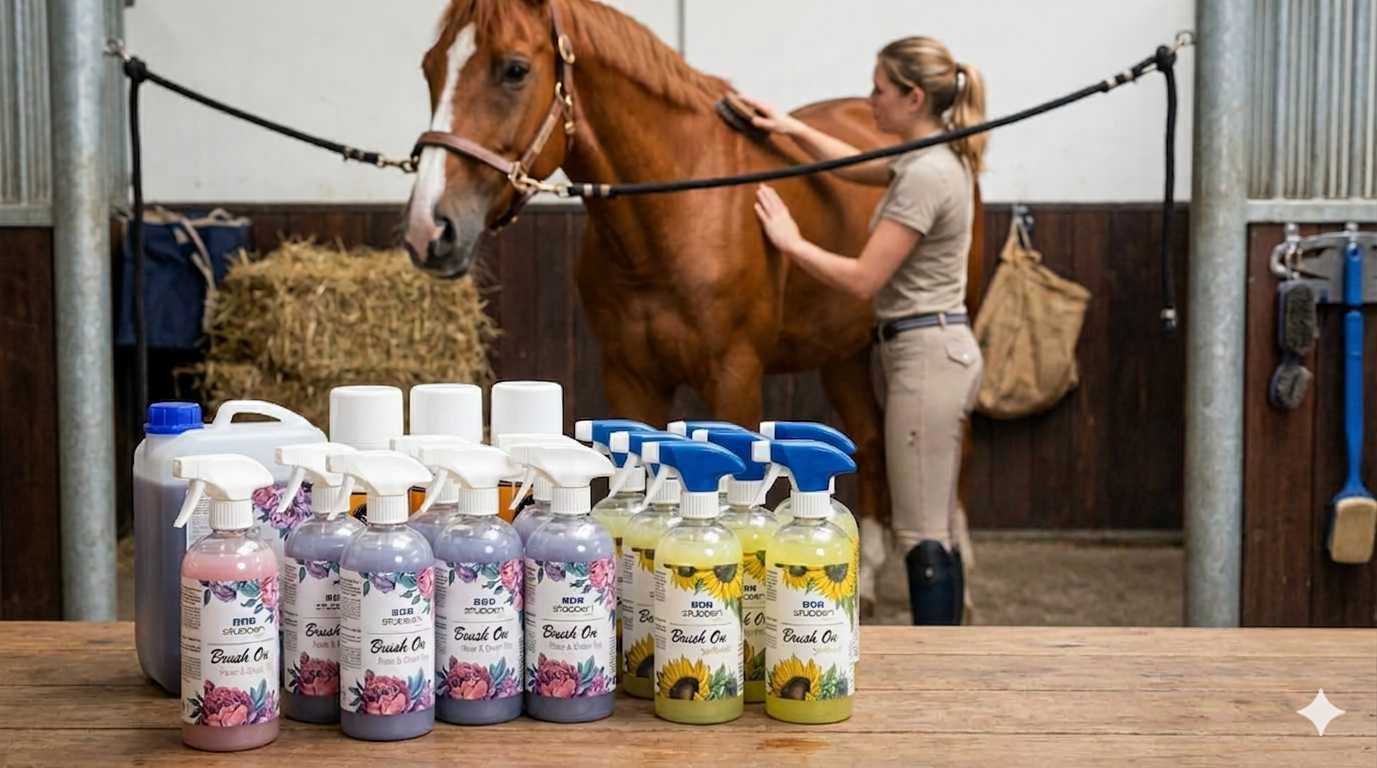 Frau putzt ein Pferd im Stall, während verschiedene Pferdepflegeprodukte wie Sprays und Shampoos im Vordergrund stehen