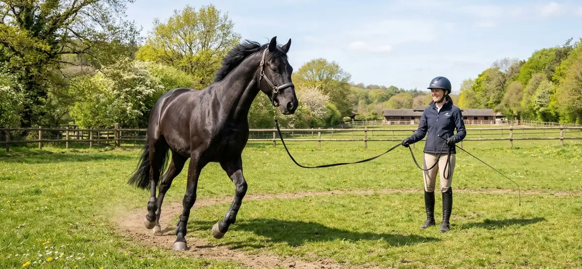 Reiterin trainiert mit schwarzen Pferd