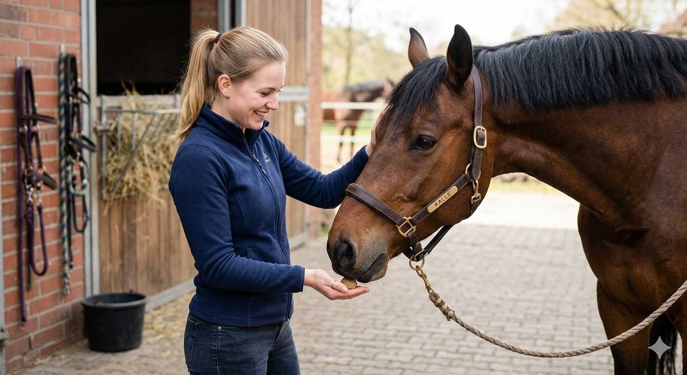 Junge Frau gibt ihrem braunen Pferd ein Leckerli vor dem Pferdestall