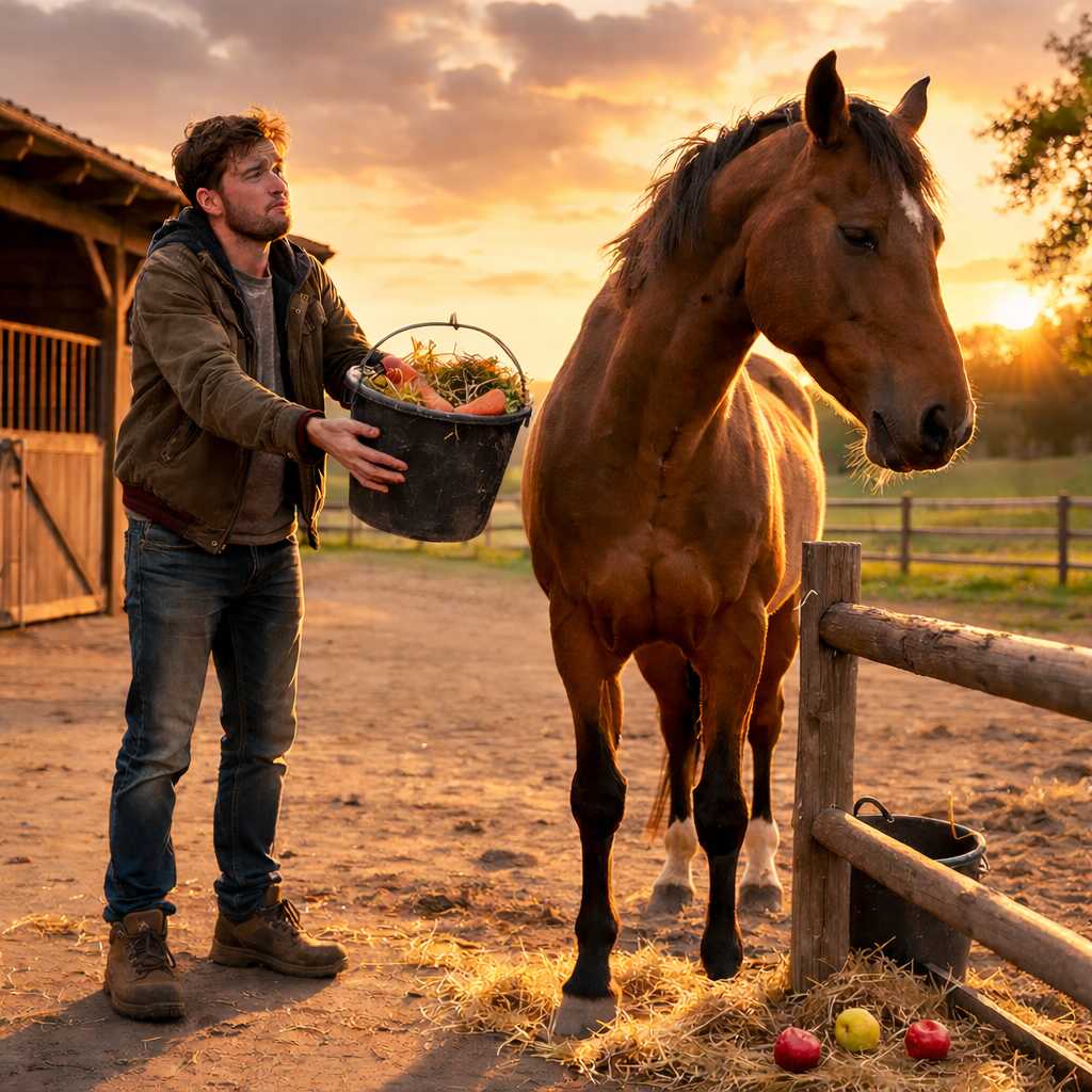 Mann bietet einem Pferd auf dem Hof bei Sonnenuntergang einen Eimer mit Karotten, Äpfeln und frischem Futter an.