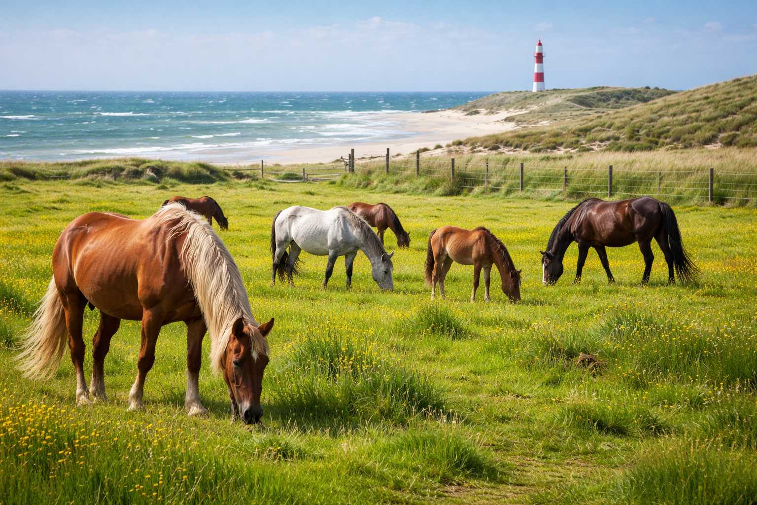 Mehrere Pferde grasen auf einer grünen Weide nahe dem Meer mit Leuchtturm im Hintergrund
