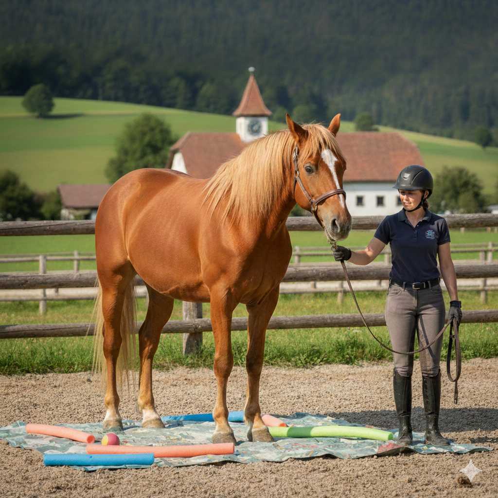 Frau mit Reithelm führt ein braunes Pferd über eine Plane mit bunten Poolnudeln auf einem Reitplatz; im Hintergrund sind Weiden und Gebäude zu sehen.