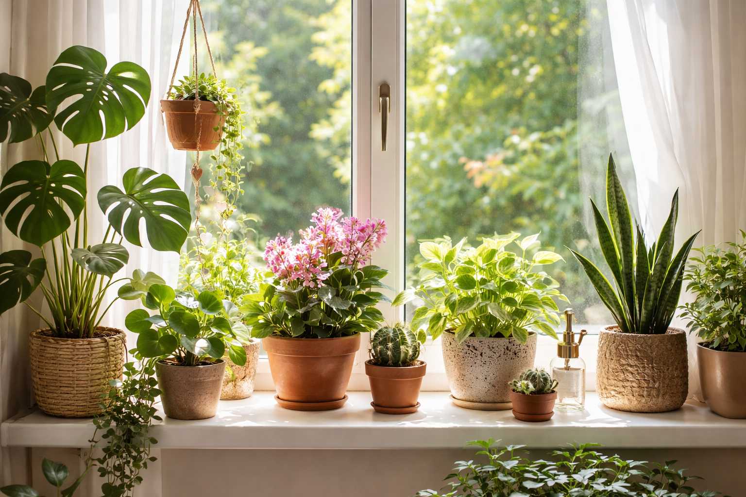 Verschiedene Zimmerpflanzen wie Monstera, Sukkulenten und Blühpflanzen auf einer sonnigen Fensterbank