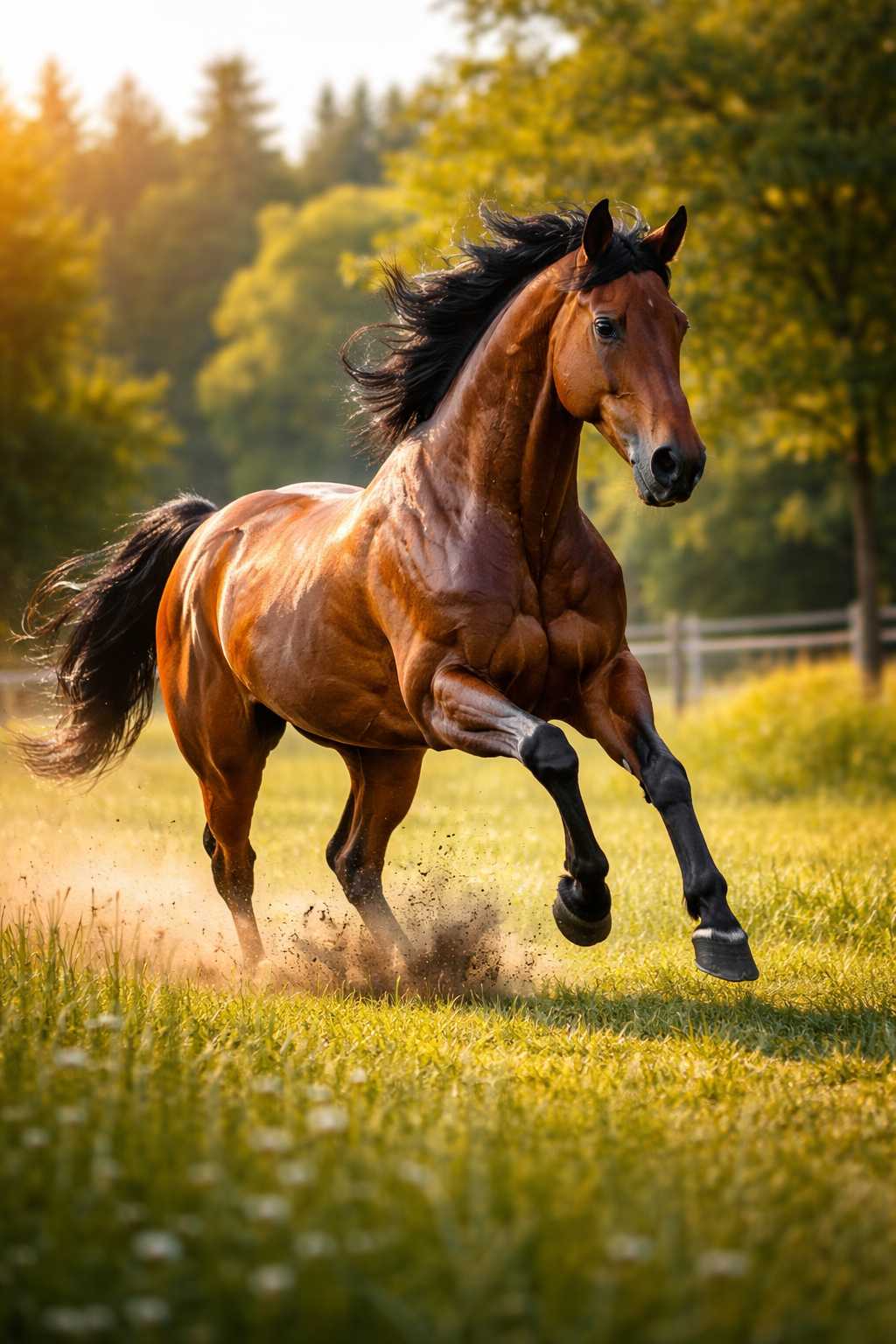 Braunes Pferd mit schwarzer Mähne galoppiert kraftvoll über eine grüne Wiese bei warmem Sonnenlicht