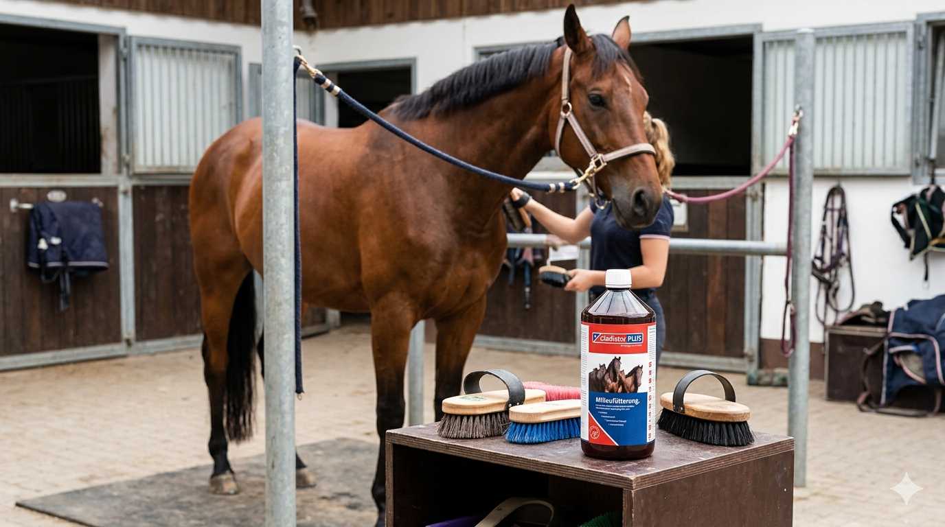 Pferd wird im Stall angebunden gepflegt, im Vordergrund stehen Bürsten und ein Pflegeprodukt auf einem Tisch.