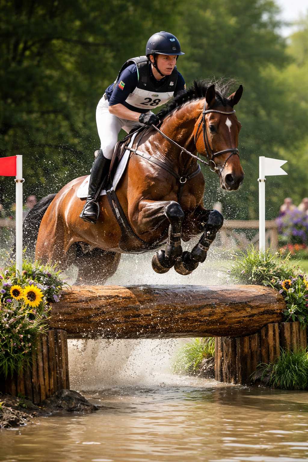 Reiter springt mit seinem Pferd über ein Wasserhindernis bei einem Vielseitigkeitsturnier im Gelände