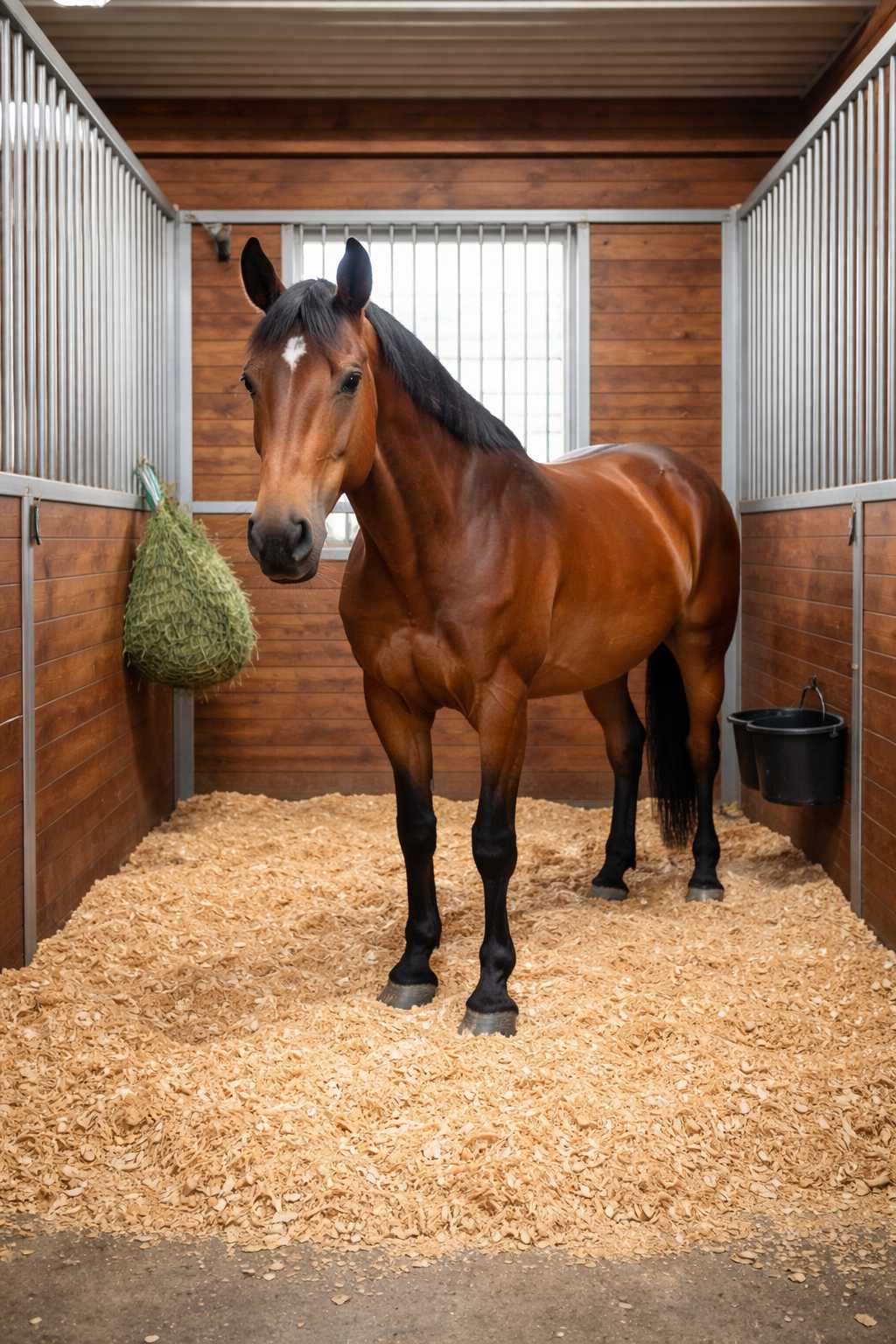 Braunes Pferd steht in sauberer Stallbox auf Holzspäne Einstreu mit Heunetz im Hintergrund