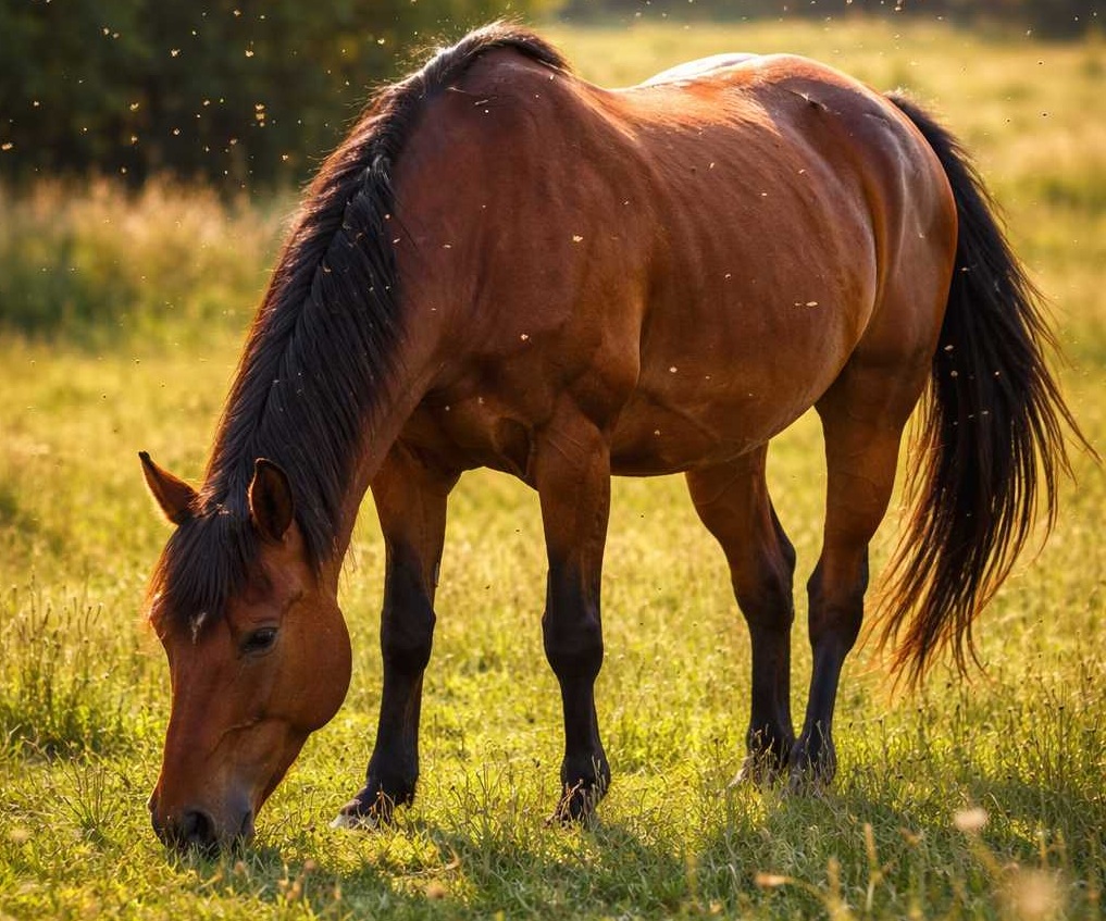 Braunes Pferd grast entspannt auf einer grünen Wiese bei warmem Sonnenlicht in natürlicher Umgebung