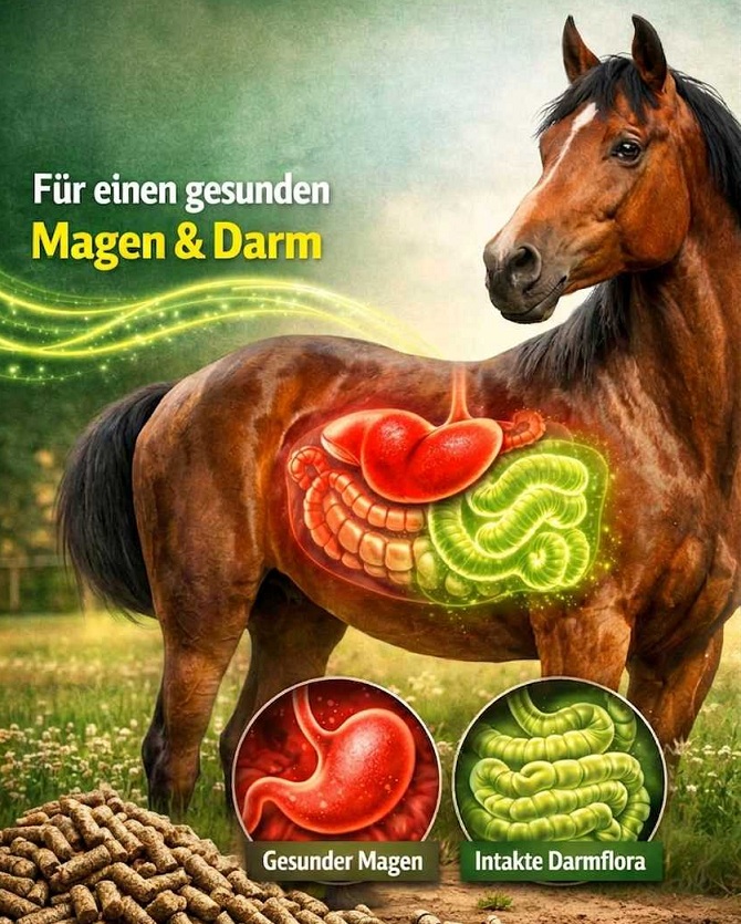 Pferd mit grafischer Darstellung von Magen und Darm zur Veranschaulichung der Verdauung, daneben Pellets für gesunde Pferdefütterung