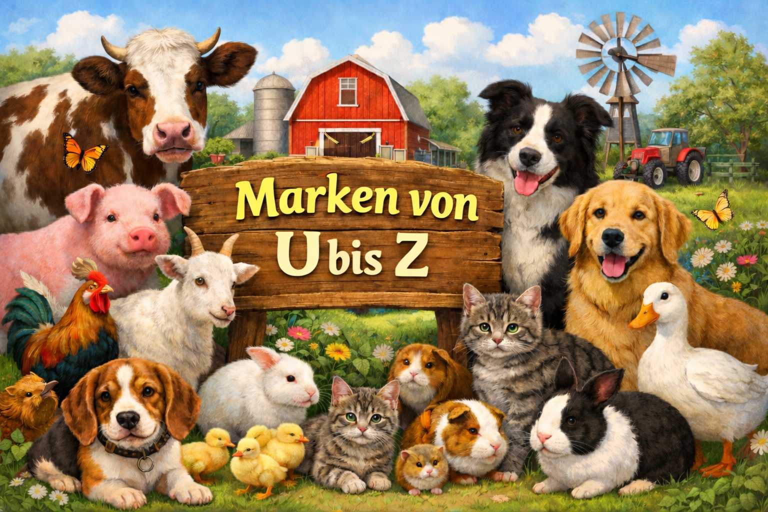 Verschiedene Tiere wie Hund, Katze, Pferd, Huhn und Kaninchen vor Bauernhof mit Schriftzug Marken von A bis Z