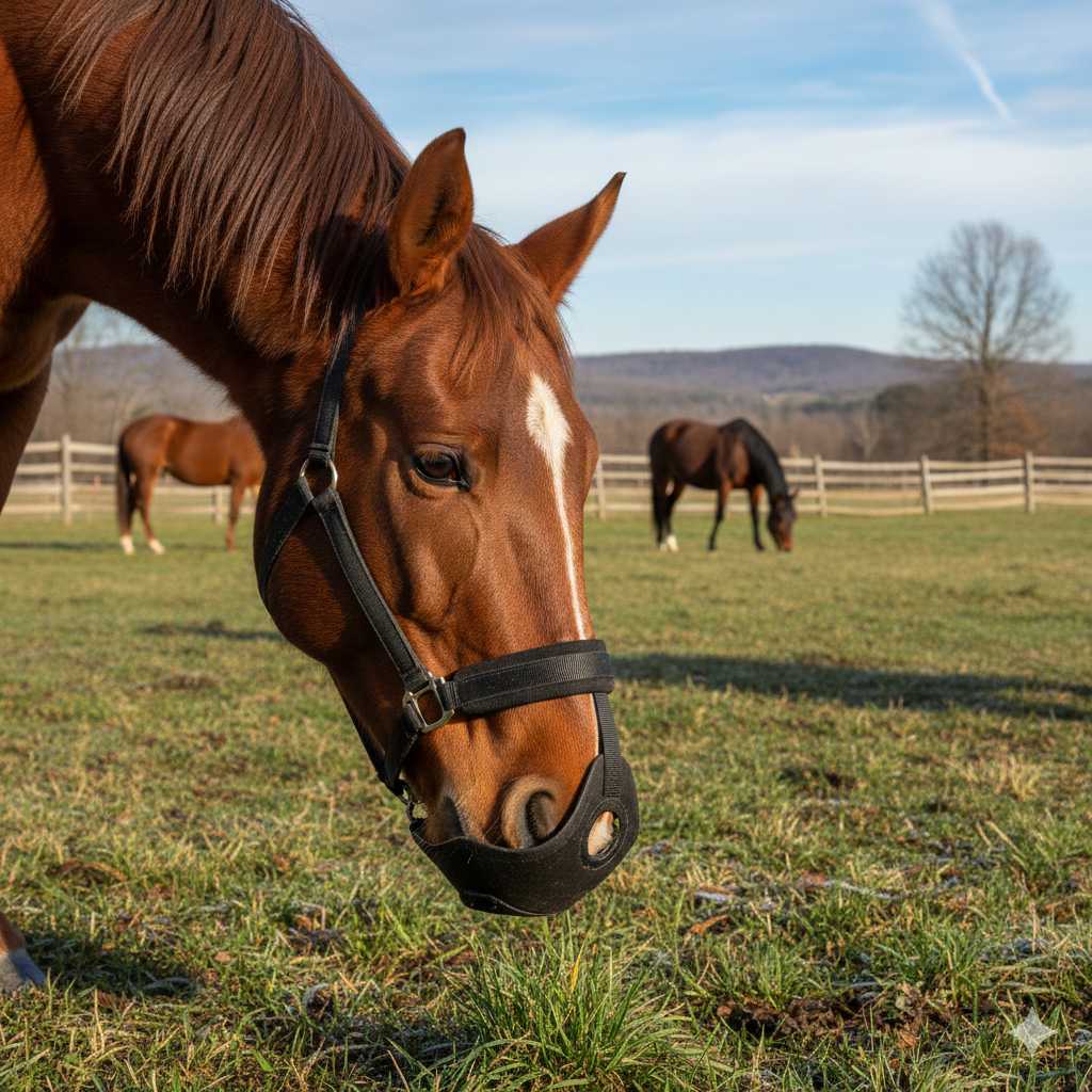 Braunes Pferd mit Fressbremse grast auf einer eingezäunten Weide, im Hintergrund stehen weitere Pferde.