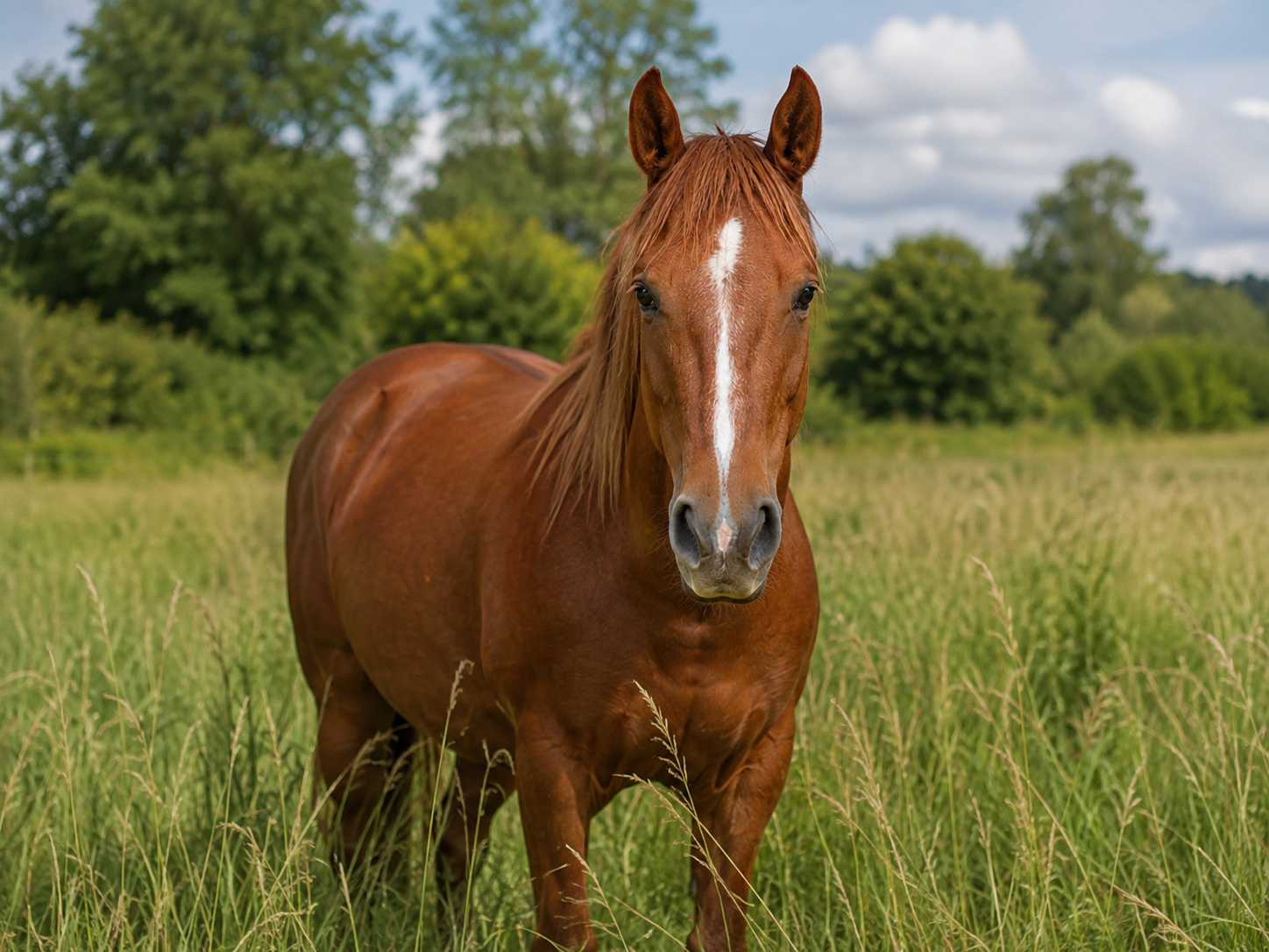 Braunes Pferd mit weißer Blesse auf einer grünen Wiese