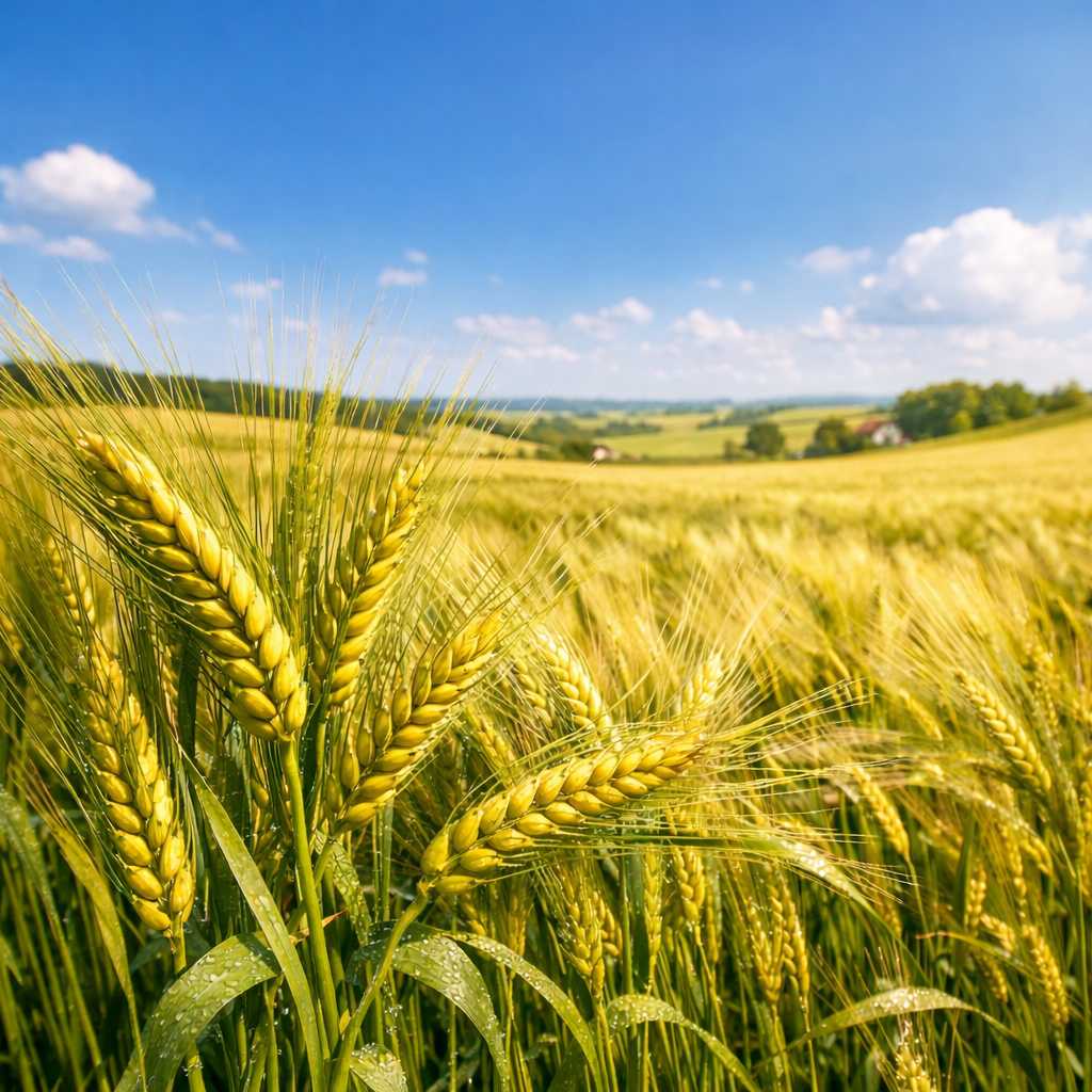 Goldenes Getreidefeld mit reifenden Ähren unter blauem Himmel in ländlicher Landschaft