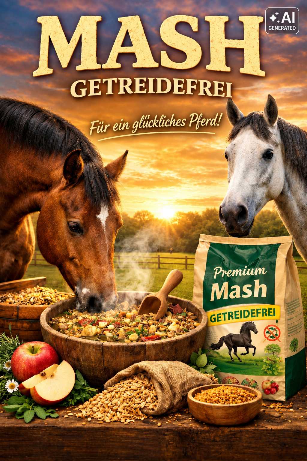 Braunes Pferd frisst Mash aus einer Holzschüssel, während ein Schimmel danebensteht. Im Vordergrund sind ein Sack getreidefreies Mash, Äpfel und Futterzutaten zu sehen.