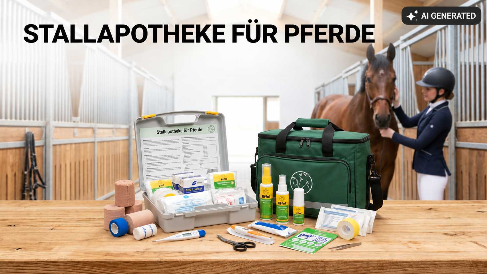 Stallapotheke mit Pflegeutensilien und Verbandmaterial auf einem Tisch vor einer Pferdebox