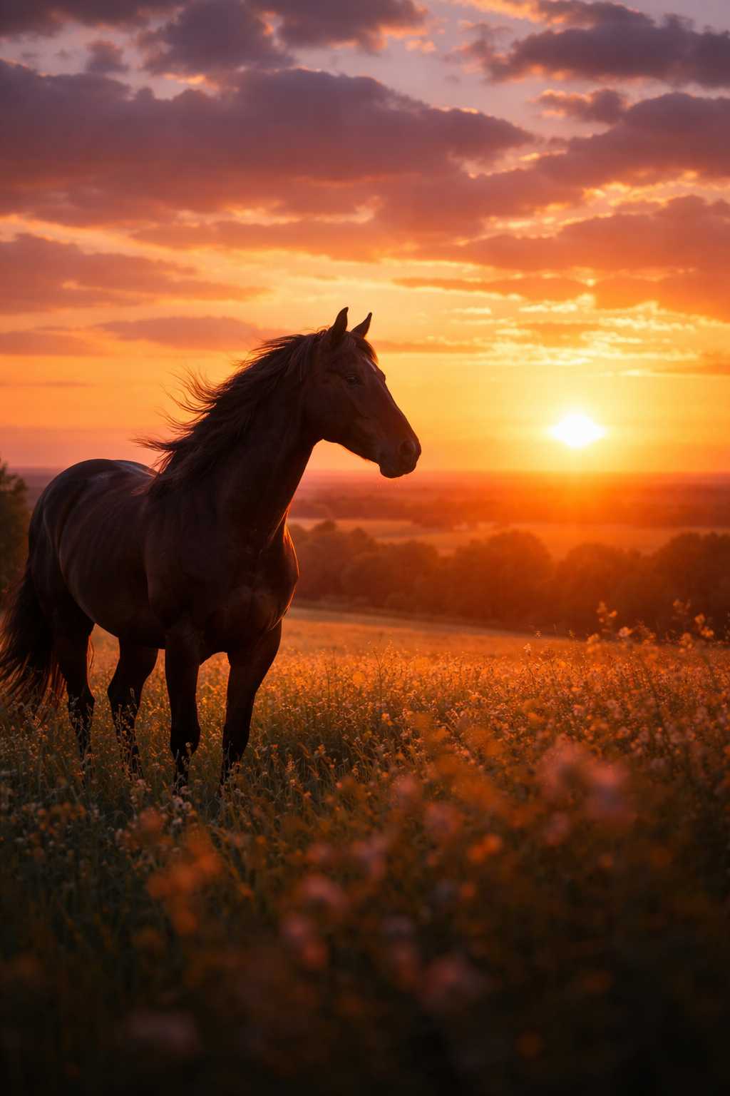 Ein Pferd steht ruhig auf einer blühenden Wiese während eines leuchtenden Sonnenuntergangs mit warmen Farben am Himmel