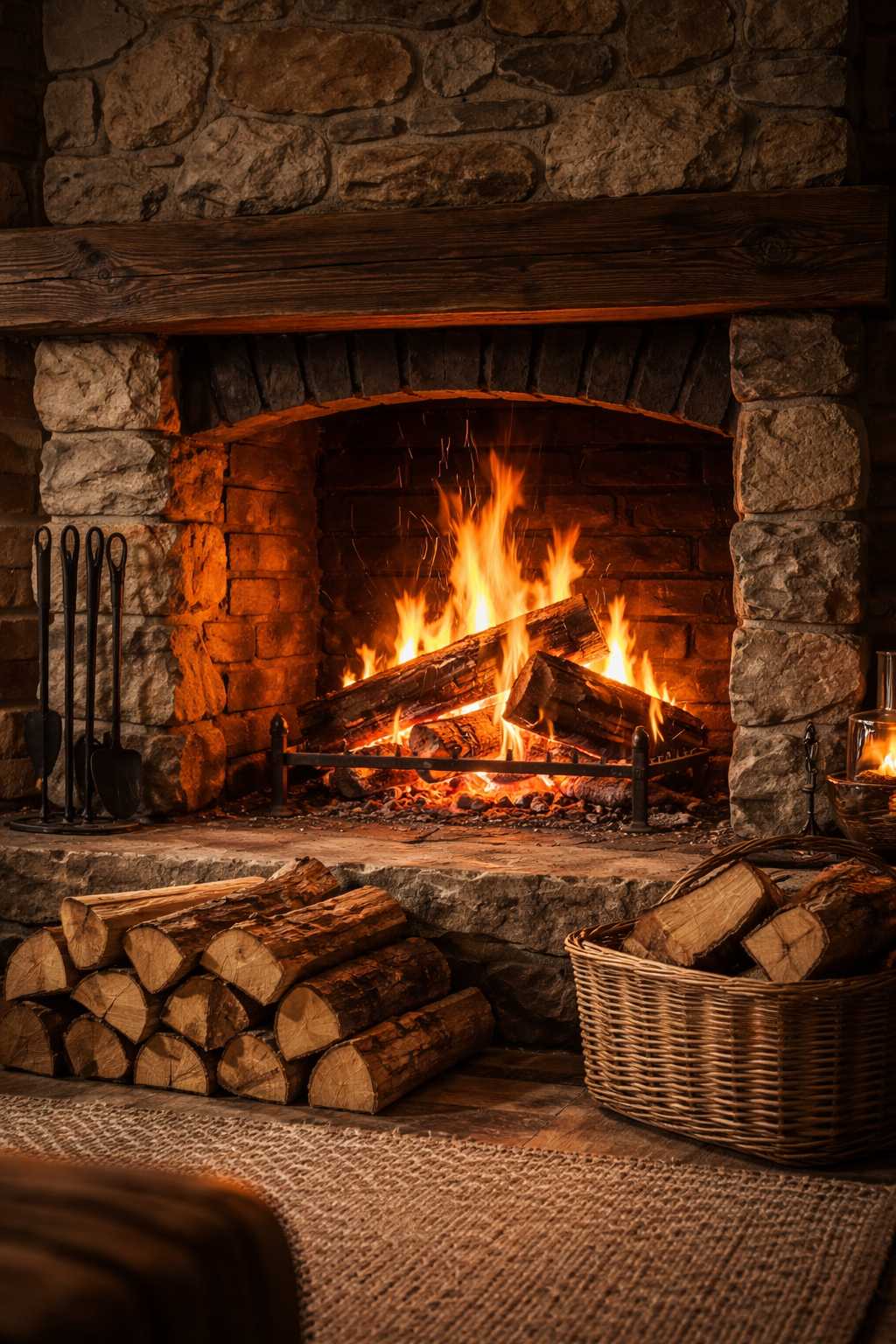 Gemütlicher Kamin mit knisterndem Feuer, Holzscheiten und Brennholzkorb im rustikalen Wohnzimmer