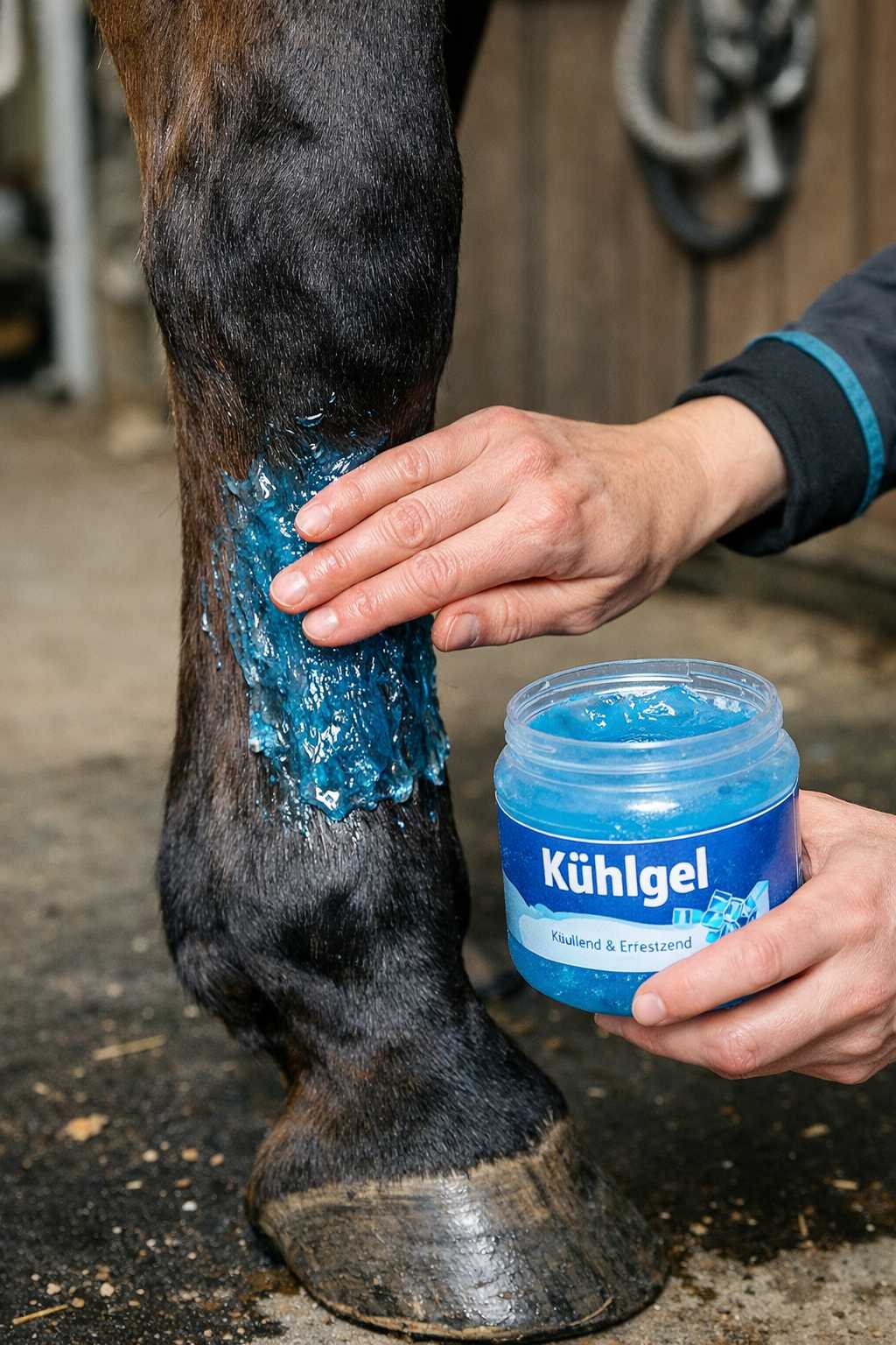Hand trägt kühlendes Gel auf das Bein eines Pferdes auf