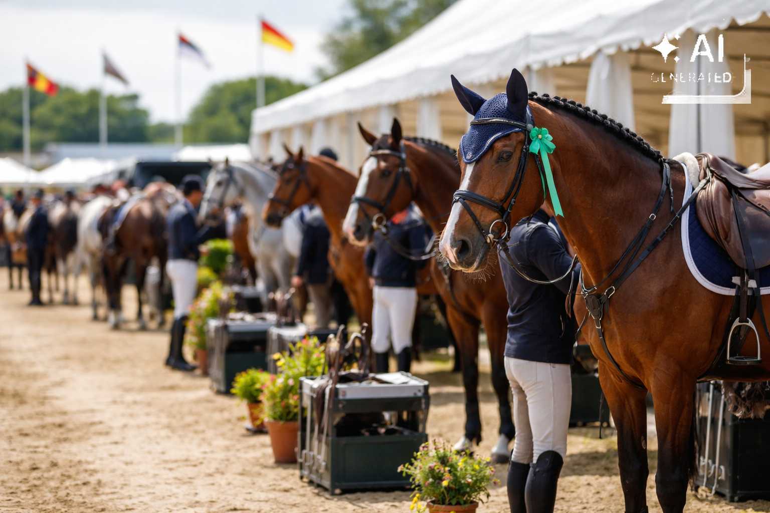 Mehrere gesattelte Pferde stehen mit ihren Reitern entlang einer Stallgasse bei einem Reitturnier. Im Vordergrund trägt ein braunes Pferd eine blaue Fliegenhaube und eine grüne Schleife.