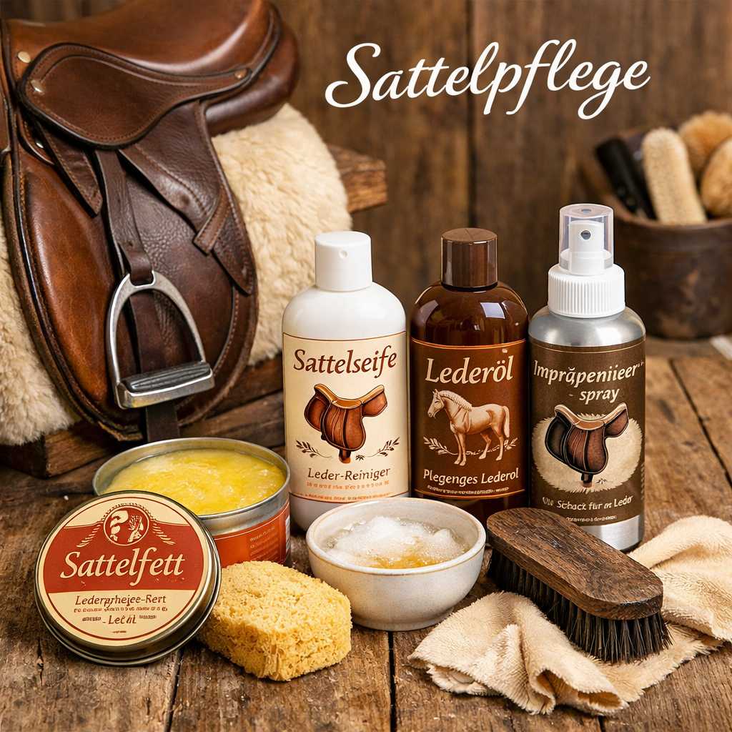Produkte zur Sattelpflege wie Sattelseife, Lederöl, Imprägnierspray und Sattelfett neben einem Ledersattel