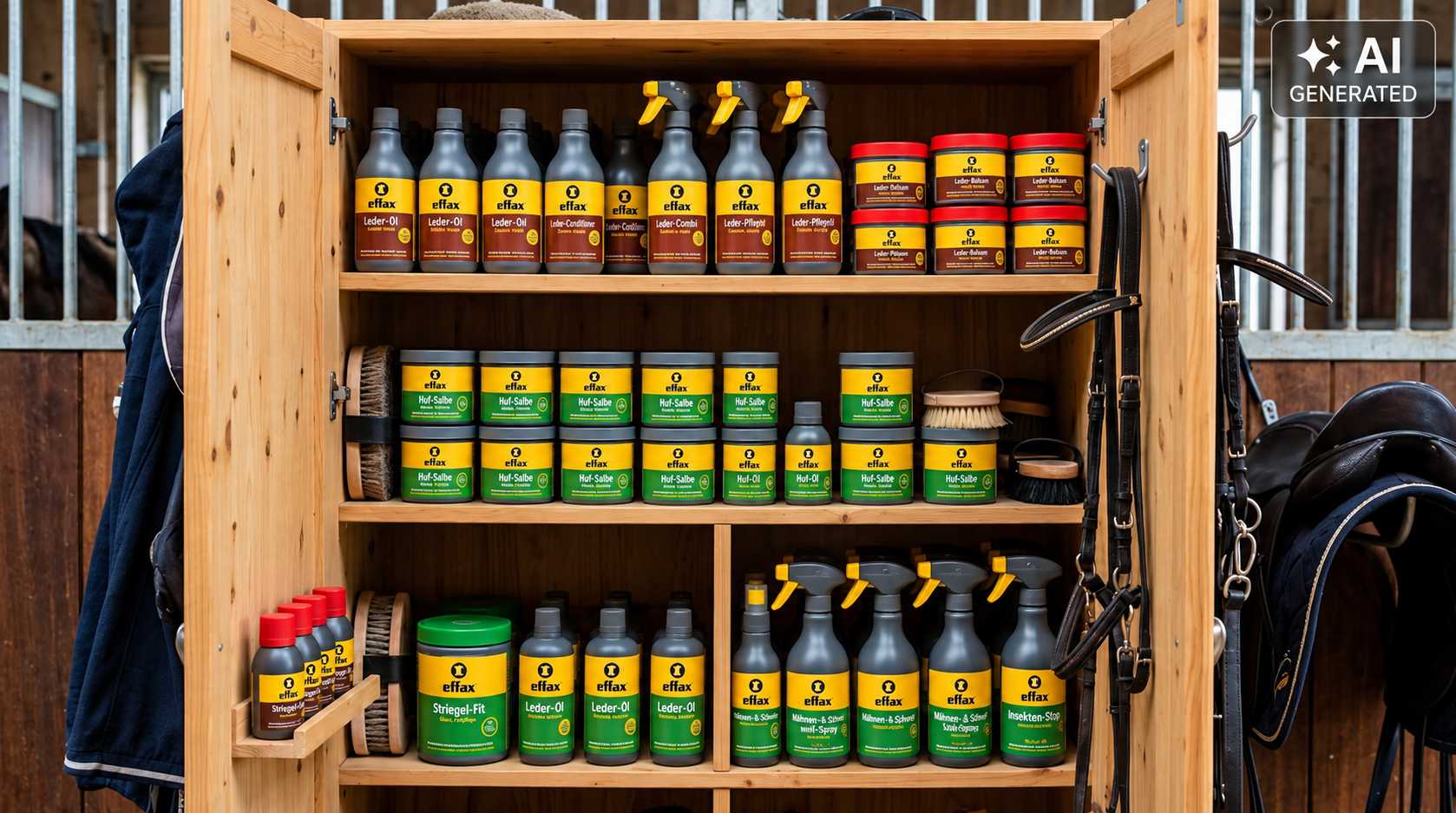 Geöffneter Holzschrank im Pferdestall mit verschiedenen Pferdepflegeprodukten in gelben und grünen Verpackungen. Zu sehen sind Sprühflaschen, Pflegetiegel, Bürsten und Lederzubehör.