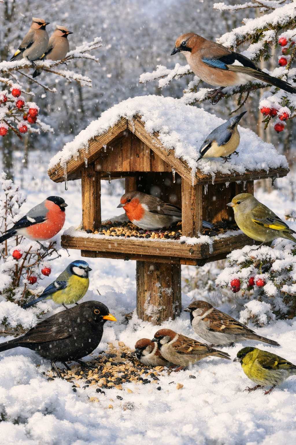 Verschiedene heimische Gartenvögel fressen Körner an einem verschneiten Vogelhaus im Wintergarten