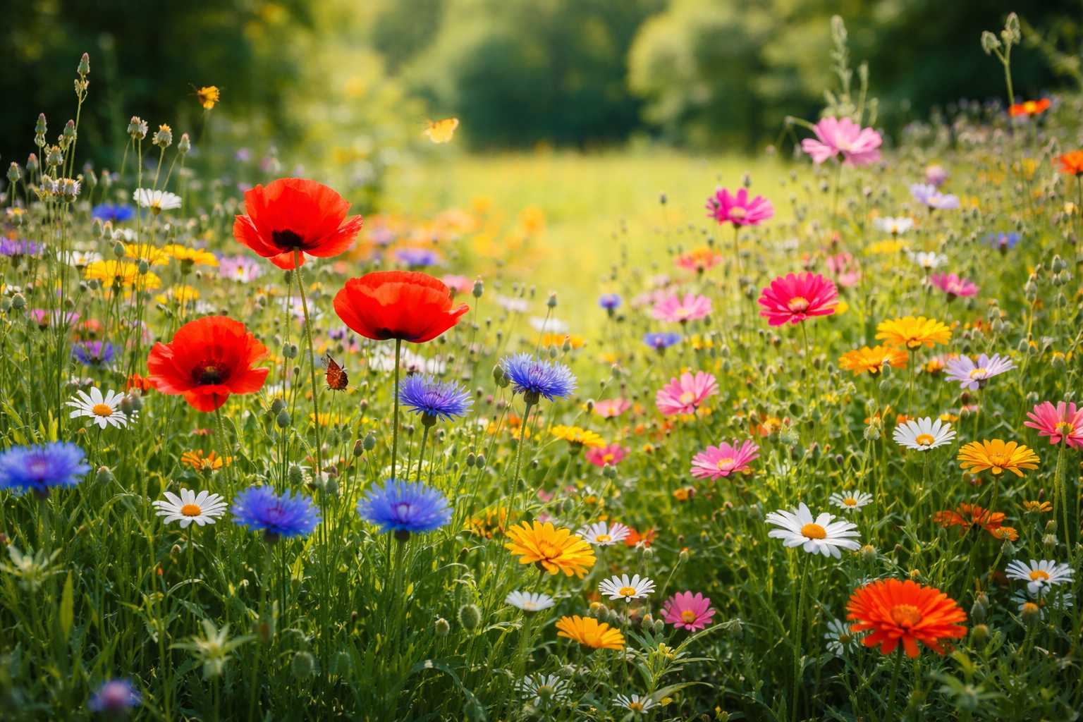 Blühende Wildblumenwiese mit rotem Mohn, Margeriten und bunten Sommerblumen in der Natur