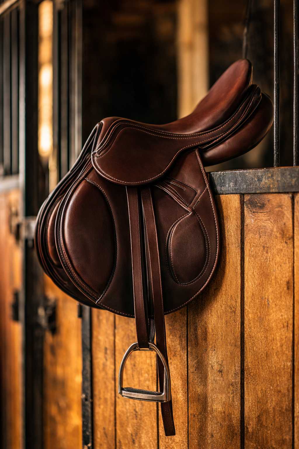 Brauner Ledersattel hängt an einer Stallwand neben einer Pferdebox