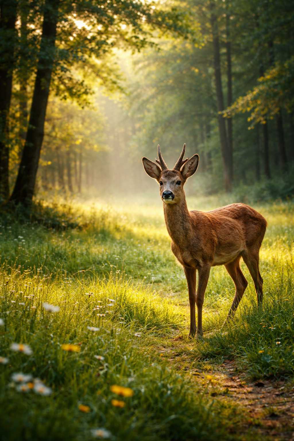 Junger Rehbock steht auf einer Waldlichtung im Morgenlicht zwischen Bäumen und Wiese