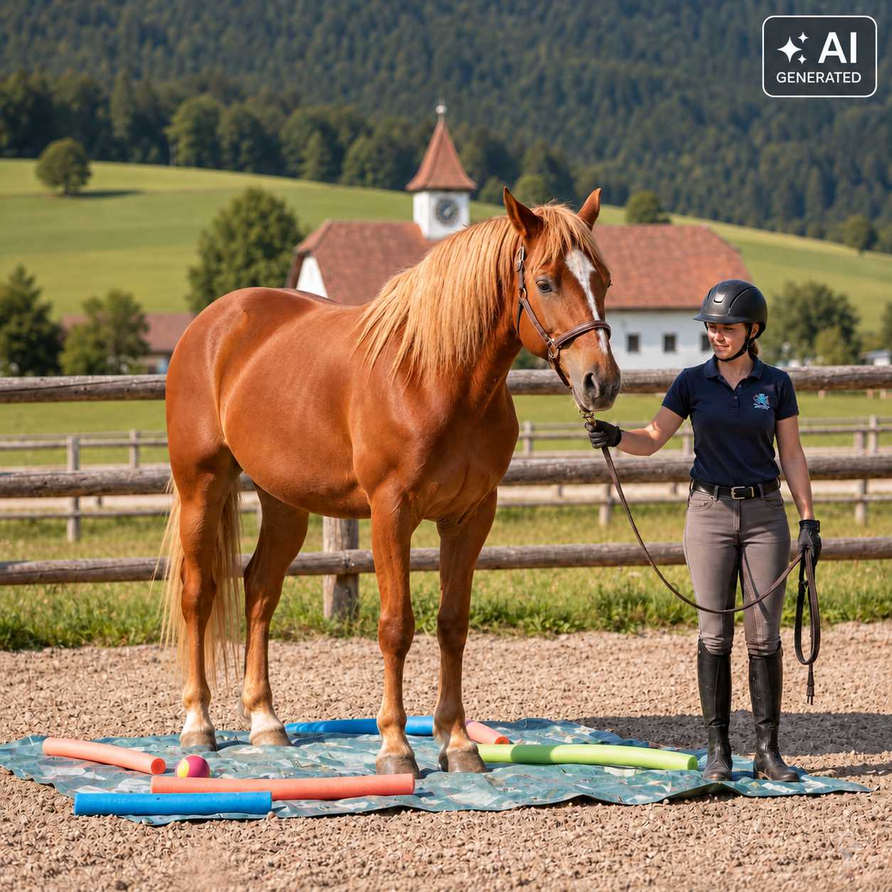 Pferd steht neben einer Person auf einer Trainingsmatte mit Bodenstangen