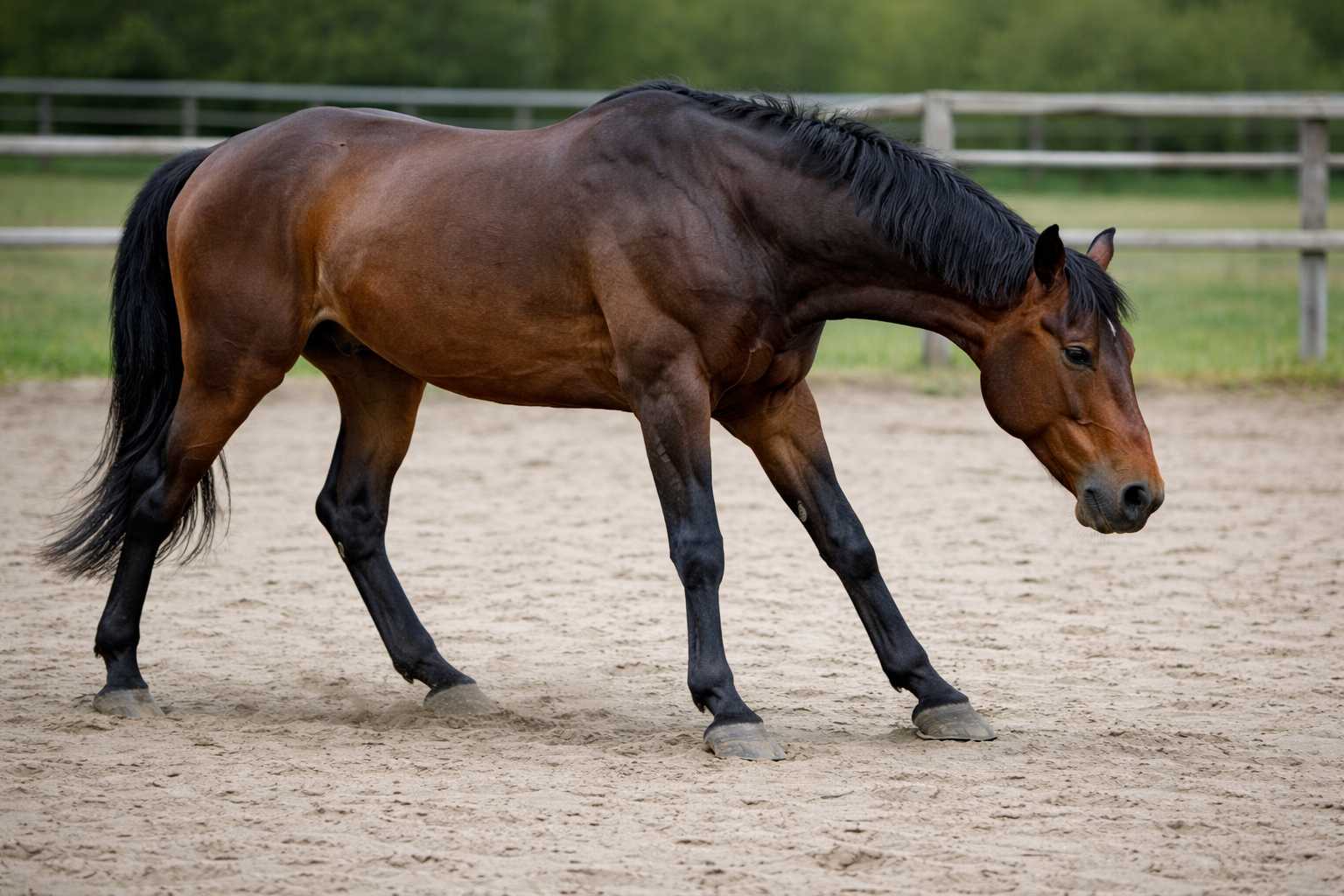 Braunes Pferd mit gesenktem Kopf in entspannter Dehnungshaltung auf einem Sandplatz, mit Holzzaun und grüner Wiese im Hintergrund.