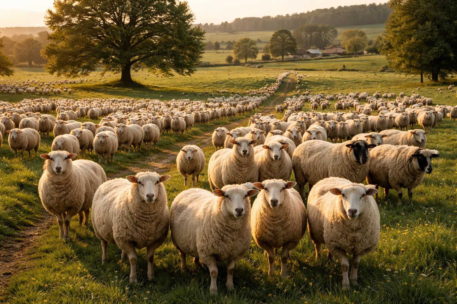 Mehrere Schafe stehen und grasen auf einer sonnigen Wiese in einer ländlichen Landschaft