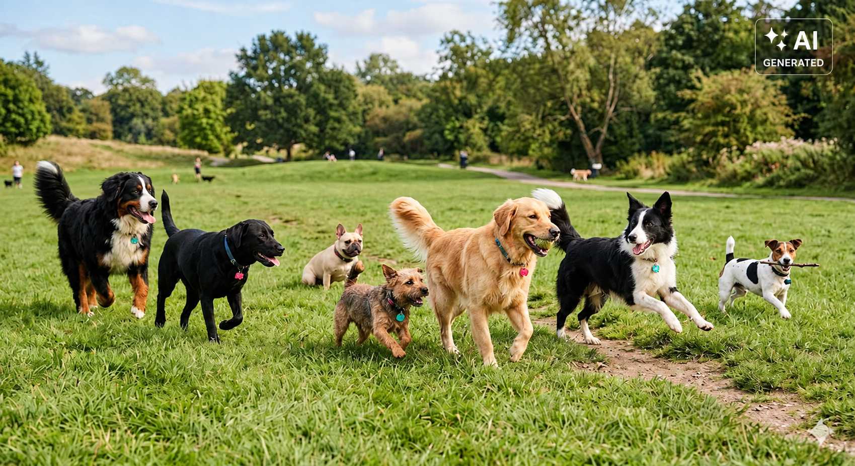 Mehrere Hunde verschiedener Rassen laufen und spielen gemeinsam auf einer grünen Wiese
