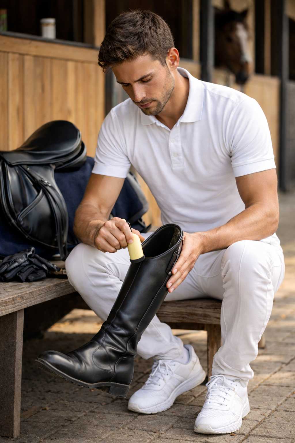 Mann sitzt im Stall und reinigt einen schwarzen Reitstiefel neben Sattel und Reitausrüstung