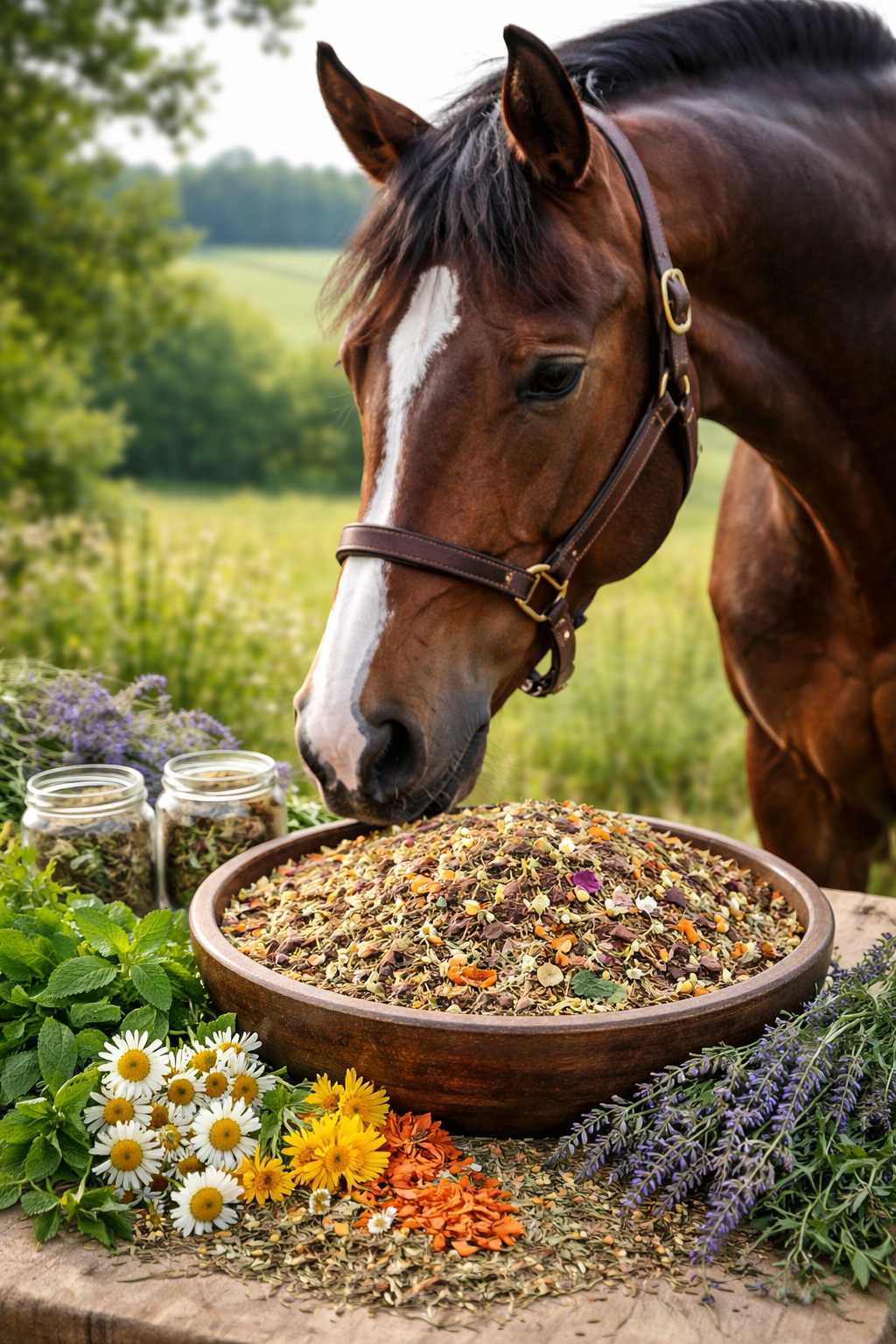 Braunes Pferd frisst Kräuter-Pferdefutter aus einer Schale mit verschiedenen Kräutern und Blüten auf einer Wiese