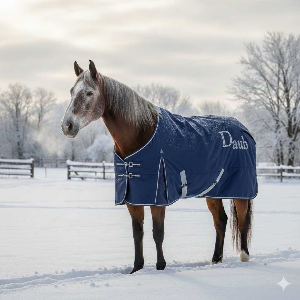 Ein braunes Pferd mit grauer Mähne trägt eine blaue Winterdecke und steht auf einer verschneiten Weide, im Hintergrund sind Zäune und frostige Bäume zu sehen.