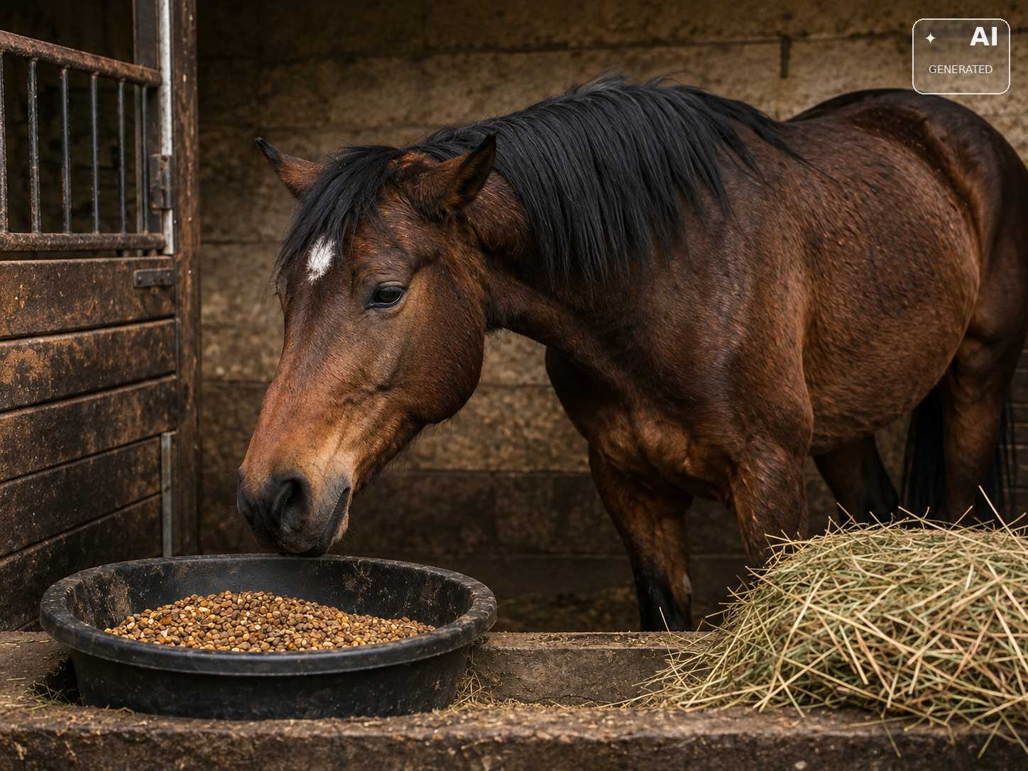 Braunes Pferd steht neben einem Futternapf und Heu im Stall